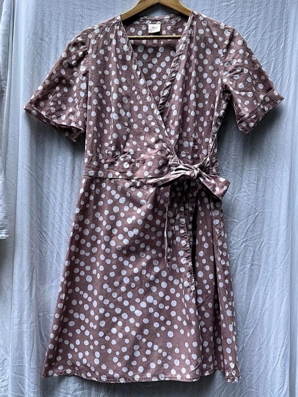 Global Mamas Handmade Cotton Polka Dot Wrap Dress L Large Tan Fair Trade